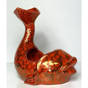 OOAK Vintage MCM Ceramic Handmade Orange Gold Koi Fish Vase Planter